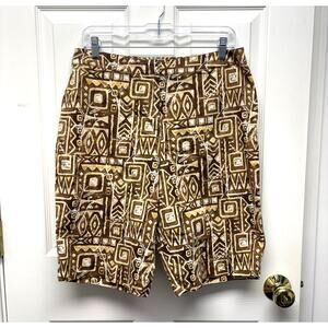 Chico’s Women’s Shorts Bermuda Size 2 Large Brown Tribal Geometric Print Cotton
